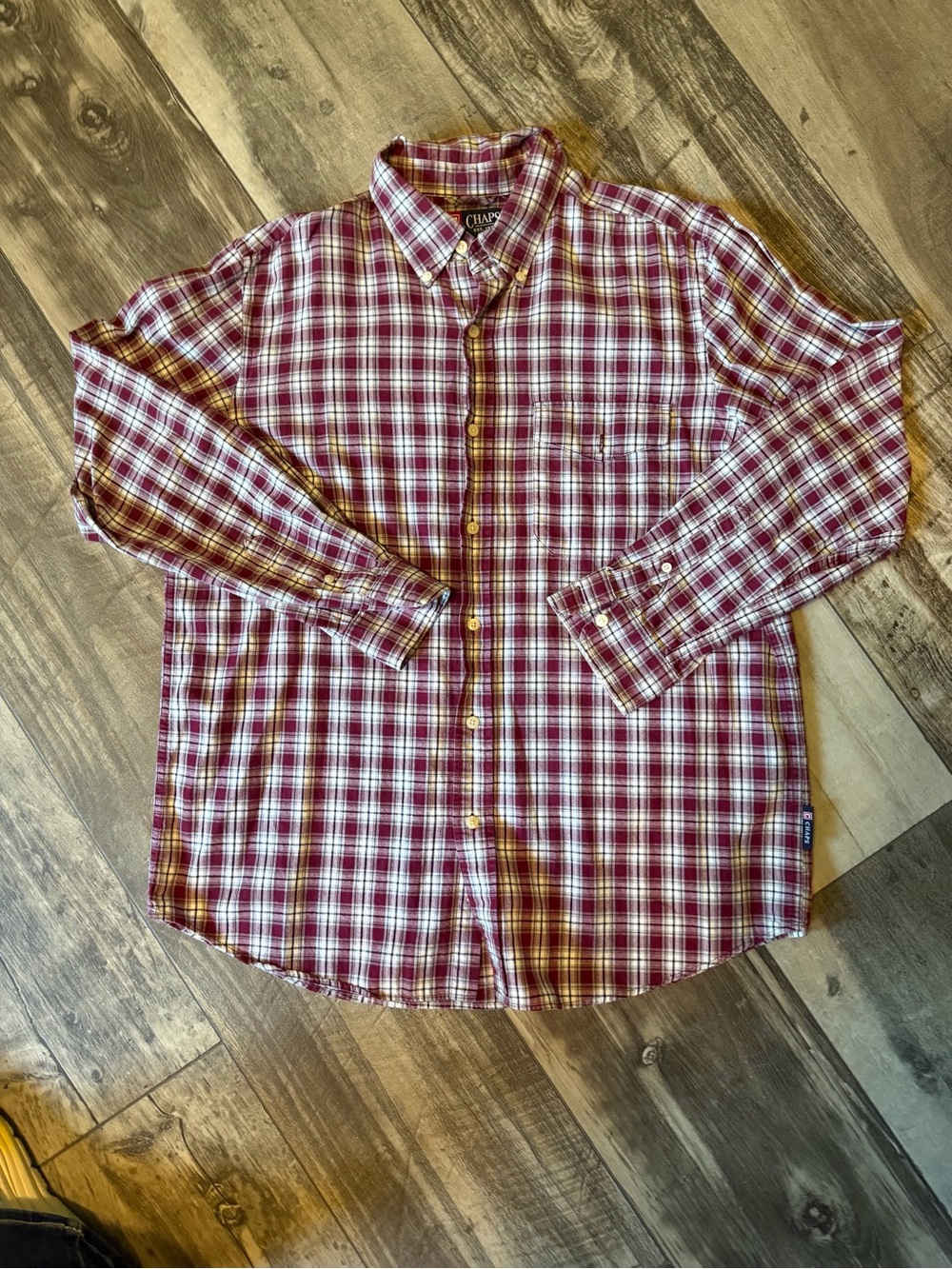 Chaps Men’s Burgundy and White Plaid Button-Down Shirt